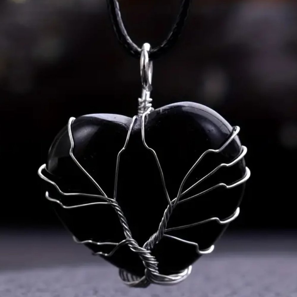 Black Obsidian Heart Shaped Natural Gemstone Tree Of Life Wire Wrap Pendant